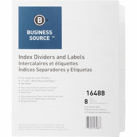 Business Source Index Dividers and Labels, 8 Tabs, Unpunched, White, PK25 BSN16488